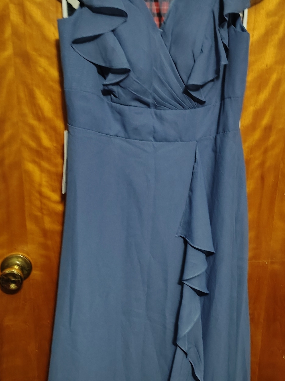 Ruffle-Trim Navy Prom Dress with Wrap Bodice